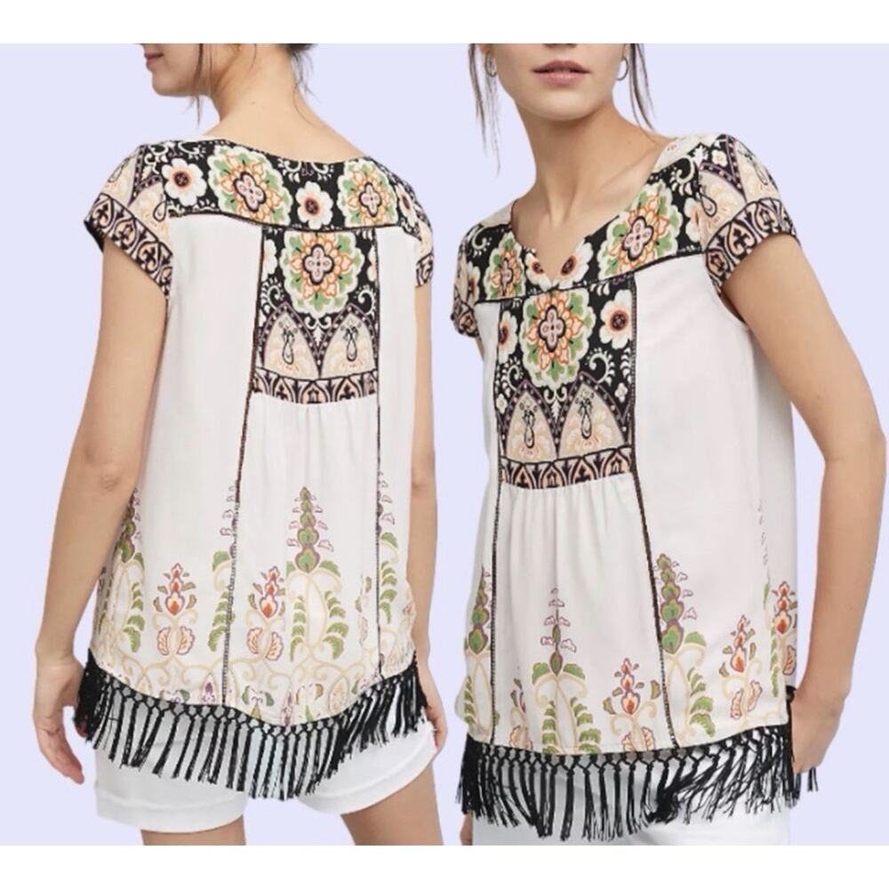 Vanessa Virginia Anthropologie Floral Eyelet Fringe Blouse Top Sz S Small Boho